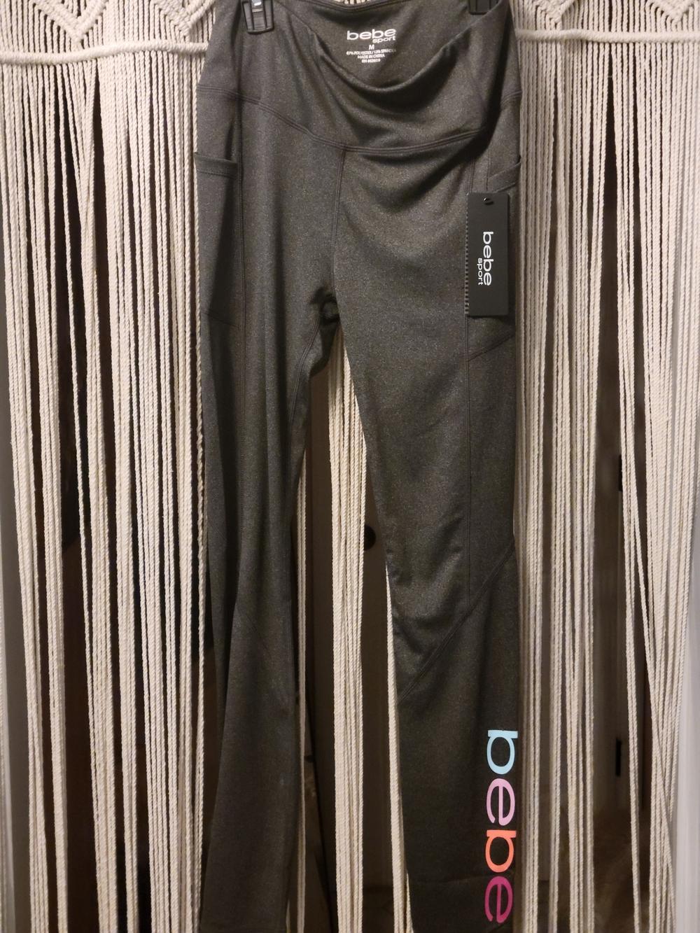 bebe Black Leggings with Vertical Multicolor Logo